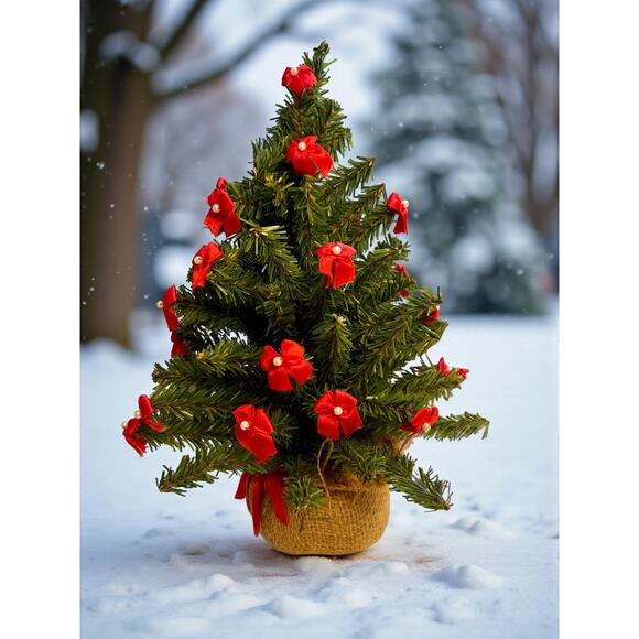 Vintage Mini Christmas Tree w Red Bows & Pearls-Burlap Base-Holiday-Tabletop-Red - Picture 2 of 4